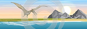 Flying reptile pteranodon in the sky over the island with volcanoes and mountains. Sea. Prehistoric animals and plants. Vector lan
